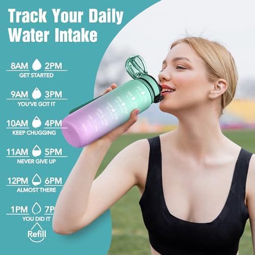 OLDLEY Water Bottle, 32oz Motivational Sports Water Bottle with Time Marker - Times to Drink - Tritan, BPA Free, Wide Mouth Leakproof, Moon Light (1 Bottle)