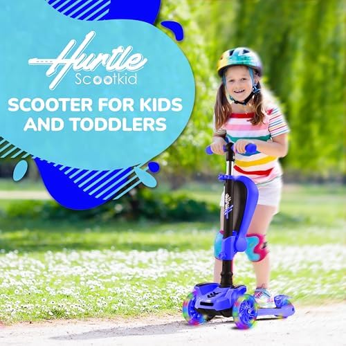 Hurtle 3-Wheeled Scooter for Kids - Wheel LED Lights, Adjustable Lean-to-Steer Handlebar, and Foldable Seat - Sit or Stand Ride with Brake for Boys and Girls Ages 1-14 Years Old