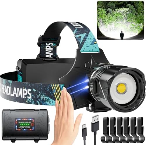 1900 Lumens Super Bright Headlamp, Rechargeable LED Head Lamp, 90 Hour Battery Standby Head Light with 9 Modes, IPX7 Waterproof Zoom Headlamps, 125° Adjustable Headlight for Camping, Adults