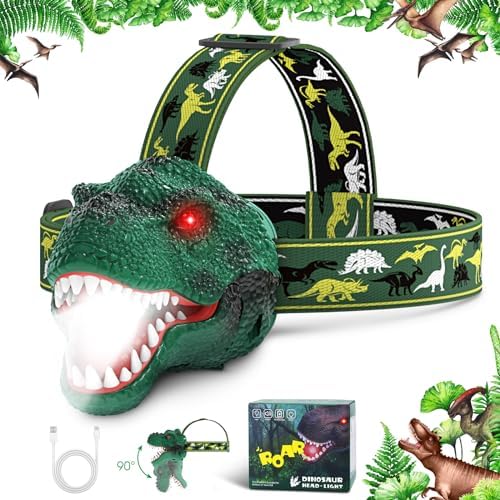 Dysaim Kids Headlamp,Rechargeable T-Rex Dinosaur Headlamp for Kids and LED Head Lamp Camping Gear Flashlight,Hiking Accessories Headlight Toys,Four Light Modes Suitable for Reading/Party Gift