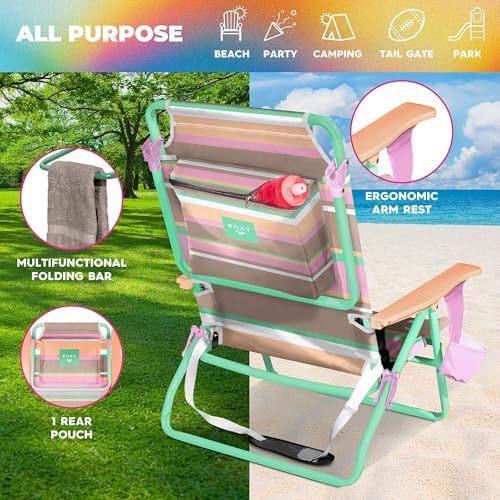 Roxy Beach Chair – Lightweight Folding Chair with Adjustable Recline and Cup Holder – Portable and Durable Chairs for Beach, Camping, or Outdoor Events