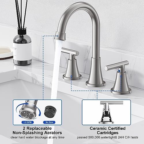 Bathroom Faucets for Sink 3 Hole, Hurran Brushed Nickel Bathroom Sink Faucet with Pop-up Drain and Supply Lines, Stainless Steel Lead-Free Widespread Faucet for Vanity RV Farmhouse Sink