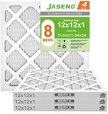 12x12x1 AC Furnace Air Filters,(4-Pack) MERV 8 Dust Defense, JASENG MPR 600 Pleated HVAC Replacement Air Filter (exact dimensions: 11 3/4"x11 3/4"x3/4")