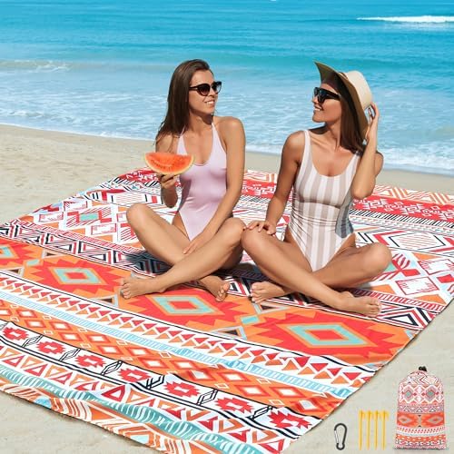 Beach Blanket, Sandproof Beach Mat, Waterproof Quick Drying Lightweight Outdoor Aztec Picnic Mat 79" X 83"/120"x108" for 2-8 Adults for Travel, Camping, Hiking
