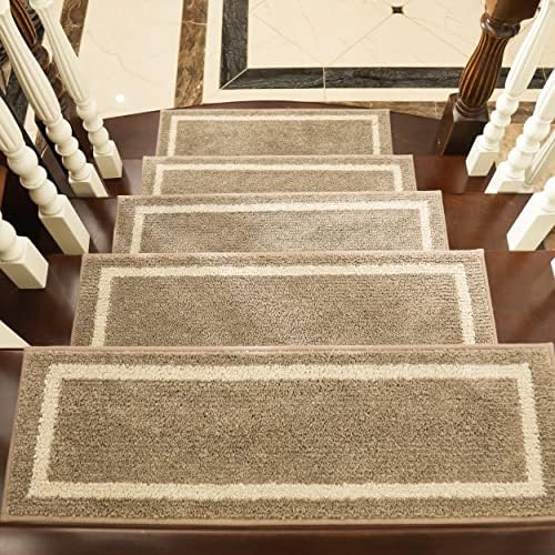 COSY HOMEER Soft Stair Treads 15pcs Non-Slip Carpet Mat 28inX9in Indoor Stair Runners for Wooden Steps,Stair Rugs for Kids and Dogs, 100% Polyester TPE Backing Beige,Square