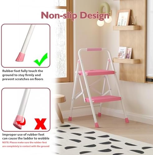 BONTEC 2-Step Ladder, Folding Step Stool, 600lbs Max Load Capacity, Sturdy Steel, Non-Slip Pedals, Lightweight, Portable Steel Ladder with Convenient Handrail, Safety Design for Home & Work, Pink