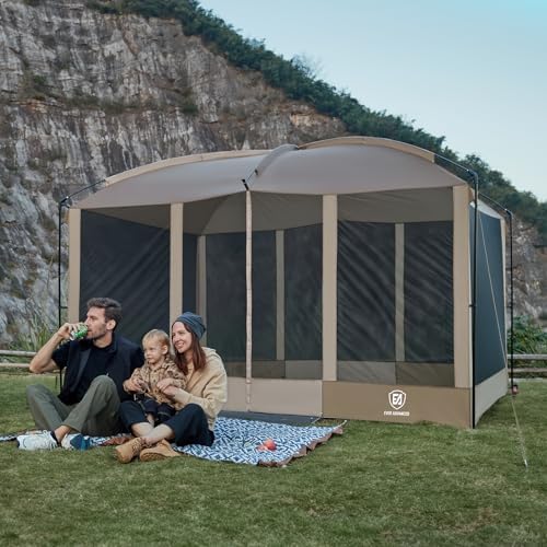 EVER ADVANCED Magnetic Screen House Room 11x9ft, Hands-Free Entry,Screenhouse with Sun Protection for Camping&Picnic, 11x9ftCamping Tent Canopy Shelter with Mesh, Brown