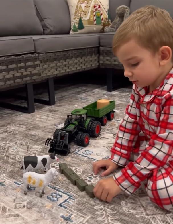Uarzt Remote Control Tractor Toy with Trailer | Metal Front & Front Loader Farm Vehicle Set with Lights & 8-Wheel Design, RC Tractor Truck for Boys Ages 3-9, Fun Farm Toy Gift for Kids