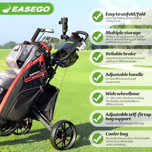 Golf Push Cart 3 Wheel : Golf Bag Cart Foldable with Phone Holder/Cup/Umbrella Holder Compact Golf Pull Carts Quick Fold Golf Caddy Push Carts with Large Wheelbase for Different Terrain