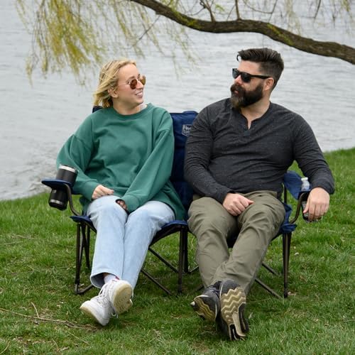 Timber Ridge 2 Person Folding Loveseat Comfortable Double Foldable Camping Chair Folding Lawn Chairs for Outside, Blue