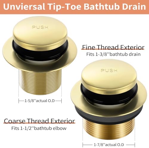 Gold Bathtub Drain Tip-Toe Tub Trim Set with Two-Hole Overflow Faceplate Bathroom Tub Drains Replacement Conversion Tub Drain Kit Assembly with Universal Fine & Coarse Thread