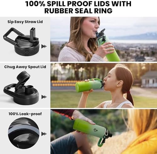 Insulated Water Bottle 40 oz, Triple Wall Vacuum Stainless Steel (Cold for 48 Hrs), Leak Proof & Non-BPA, Modern Water Flask Jug with Paracord Handle & Straw Spout Lids, Ombre Green