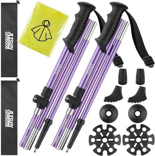 AISUNOURDOOR Lightweight Adjustable Trekking Poles, Aluminum Collapsible Travel Hiking or Walking Sticks for Women Children, with One Disposable Raincoat