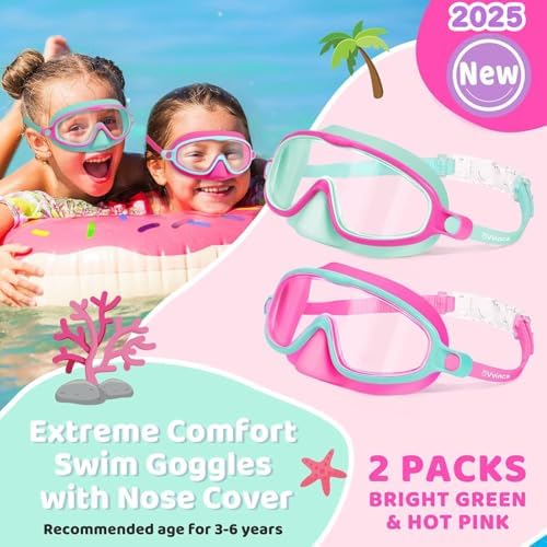 Vvinca 2 Pcs Kids-Swim-Goggles with Nose Cover, Swimming Diving Mask Wide View Anti Fog UV Anti Shattered Lens for Kids 3-6