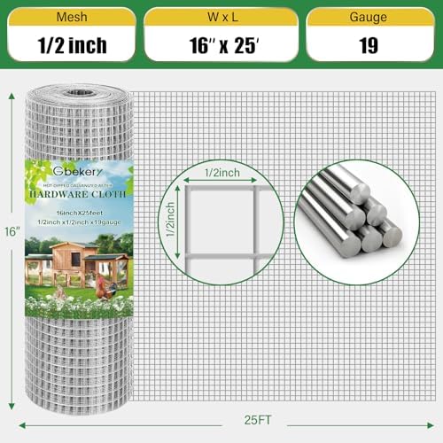 Hardware Cloth 1/2 inch 16in x 25ft 19 Gauge, Hot-dip Galvanized After Welding Chicken Wire Mesh Roll Garden Plant Welded Metal Wire Fencing Roll, Rabbit Cages Snake Fence