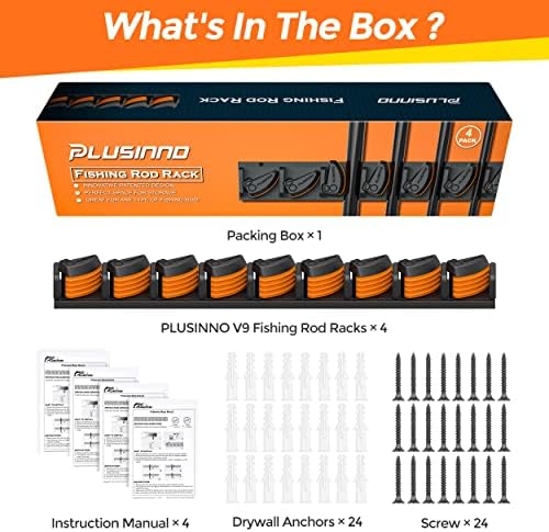 PLUSINNO V9 Vertical Fishing Rod Holders, Wall Mount 4-Pack - Holds 36 Rods, Diameter 3-19mm