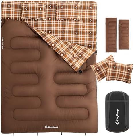 KingCamp Double Sleeping Bag for Adults, Queen Size 2 Person XXL Flannel Sleeping Bag, Waterproof Lightweight Flannel Quilt with 2 Pillows, Perfect for Couples Family Camping Hiking