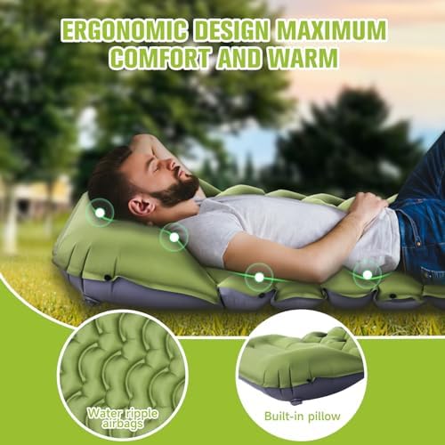 Sleeping Pad, Ultralight Inflatable Sleeping Pad for Camping with Pillow, Built-in Pump, Ultimate for Camping, Hiking - Airpad, Carry Bag, Repair Kit, Compact & Lightweight Camping Pad(Green)