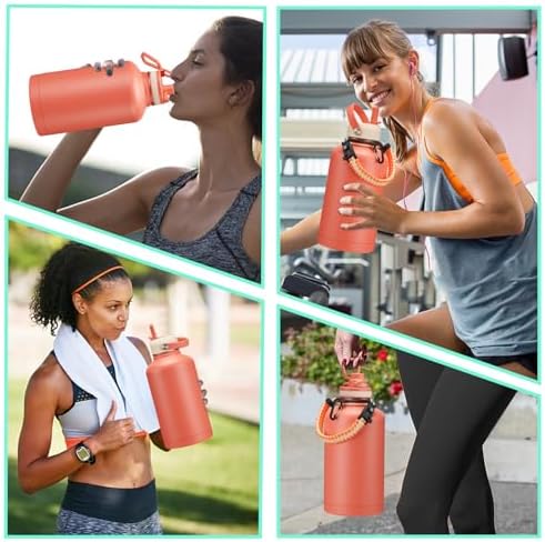 64oz Insulated Water-Bottle with Strap - Half Gallon Water Jug with Straw & Spout Lid, 2 Liter Stainless Steel Water Bottle Leak Proof, Cold-48h Hot-24h Metal Flask w/Paracord Handle, Carrier Case