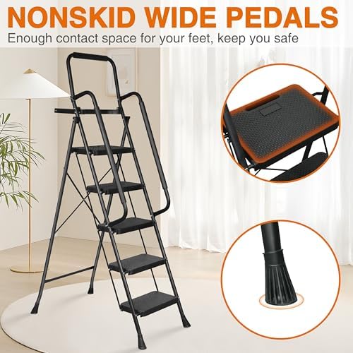5 Step Ladder, Protable Steel Folding Stool with Wide Anti-Slip Pedal, Tool Platfor, Sturdy Steel Ladder, Black