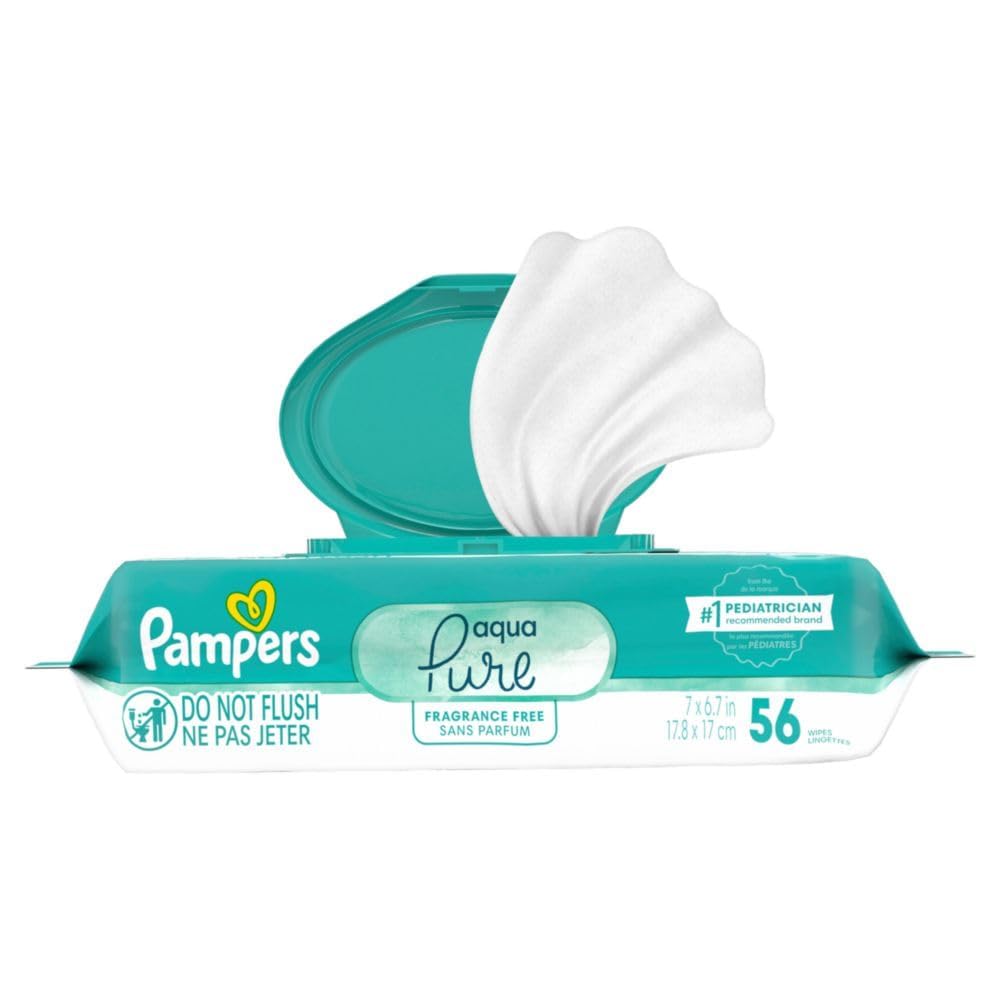 Pampers Baby Wipes Aqua Pure, 99% water-based wipes, Hypoallergenic and Unscented Infant Wipe, 448 Total (8 Flip-Top Packs)