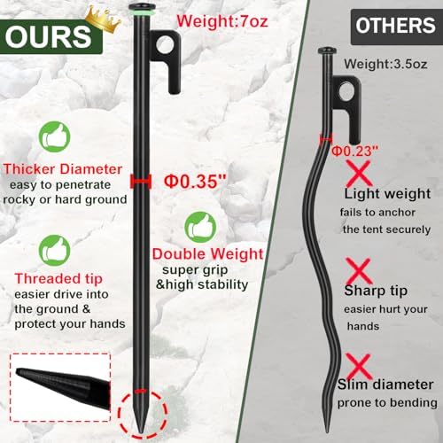 20Pcs Tent Stakes, 16in Heavy Duty Tent Stakes, Dia 0.35" Forged Steel Stakes Heavy Duty for Tent Used on Rocks, Grassland, Snowfield(20Pcs 16in Stakes)