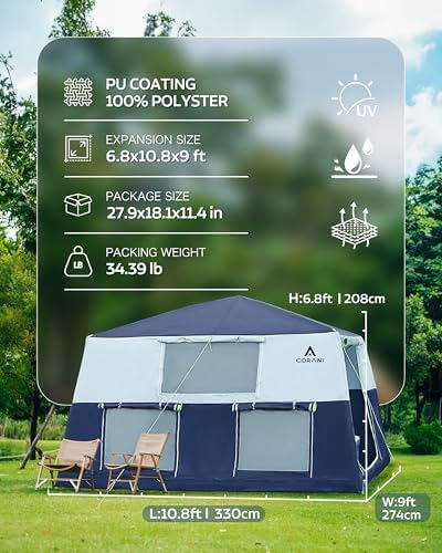 14.1'x6.5'x9' Inflatable Tents for Camping, Portable 6/8/10 Person Blow Up Air Tent, Waterproof Windproof Easy Setup Large Family Tent with 2 Doors, 6 Windows, Mosquito Screen