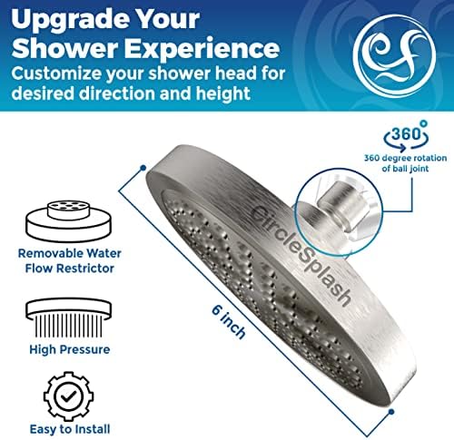 High Pressure Shower Head - Anti-Clogging Silicone Nozzles - 2.5 GPM Removable Restrictor - Easy to Clean Adjustable Replacement - easy to install with Plumbers Tape - 6 inch - Brushed Nickel Finish