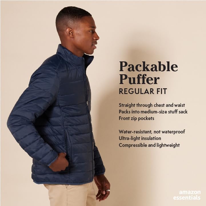Amazon Essentials Men's Packable Lightweight Water-Resistant Puffer Jacket (Available in Big & Tall)