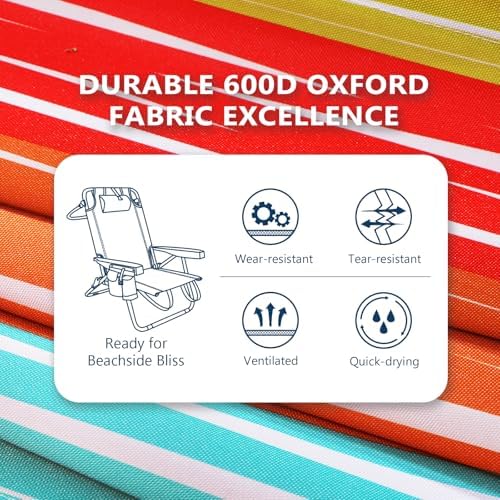 5-Position Aluminum Lay Flat Backpack Beach Chair, Compact Portable Low Beach Chairs for Adults with Cooler Pouch, Storage Pouch, Towel Bar, Cup Holder & Phone Holder, Multicolor Stripe