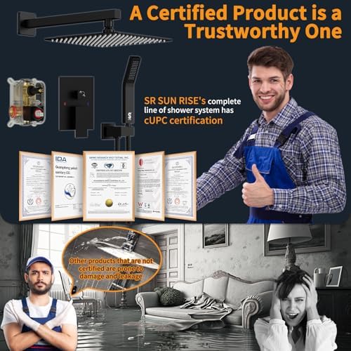 SR SUN RISE 12 Inches Matte Black Shower System 12 Inch Brass Bathroom Luxury Rain Mixer Shower Combo Set Wall Mounted Rainfall Shower Head System Shower Faucet Rough-in Valve Body and Trim Included