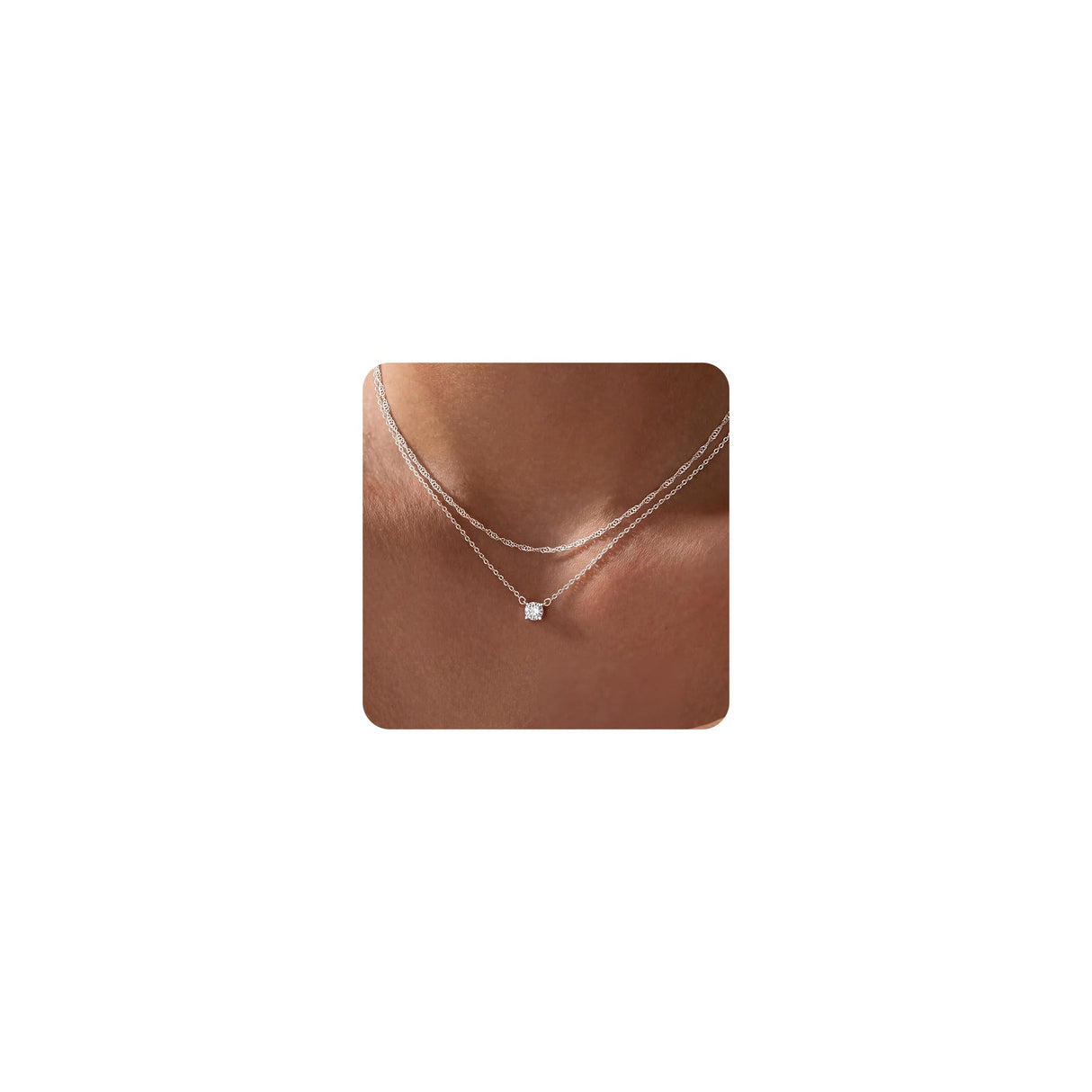 Tewiky Layered Sterling Silver Necklace for Women, Dainty Cubic Zirconia Pendant Necklace Simple Chain Choker Necklaces Jewelry Fashion Set Gifts