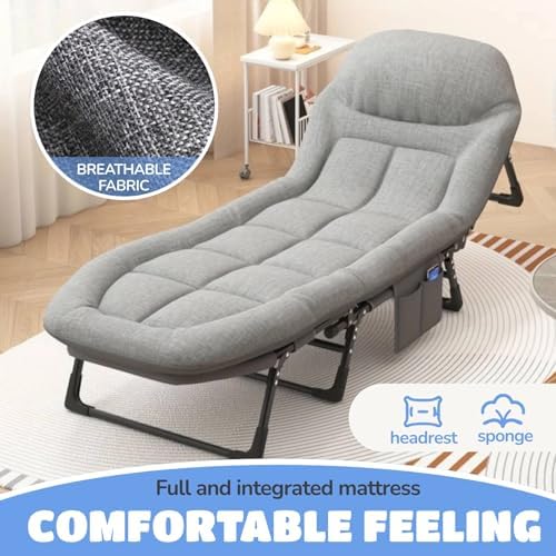 Chaise Lounge Chair, Folding Cot, 6-Angle Adjustable Camping Cot with Mattress for Patio and Beach, Foldable Bed Portable Heavy Duty Lay Flat Reclining with Pillow (Grey, M - 70")