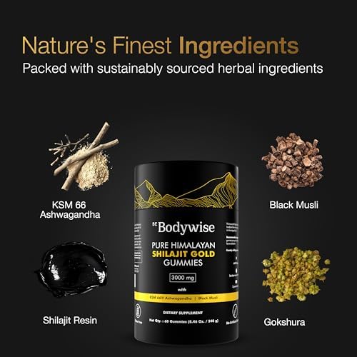 Be Bodywise Pure Himalayan Shilajit Gummies Gold I Lab Tested I No Added Sugar I Ashwagandha, Gokshura| Fulvic Acid & 85+ Trace Minerals I for Men, Women I Non-GMO I 100% Natural & Organic I 60 Gummy