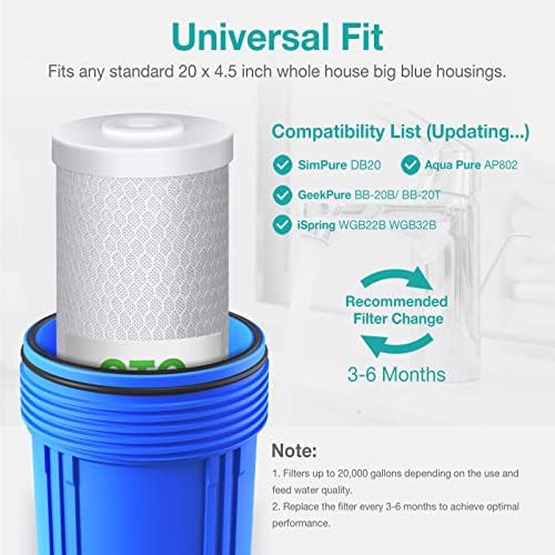 SimPure 20 x 4.5 inch 5 Micron Big Whole House Water Filter | CTO Activated Carbon Filter Replacement Cartridge Coconut shell Charcoal Filter | Matches DB20P, FC25B, CTO20BB (2 Pack)