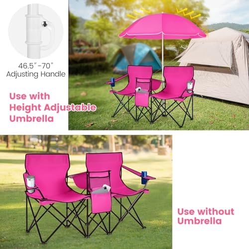KOTEK Double Camping Chair, Folding Camp Chair with Removable Umbrella, Cup Holders, Cooler Bag, Side Pocket & Carry Bag, 2-Person Beach Chair for Outdoor, Sports, Concerts, Travel, Picnic (Pink)