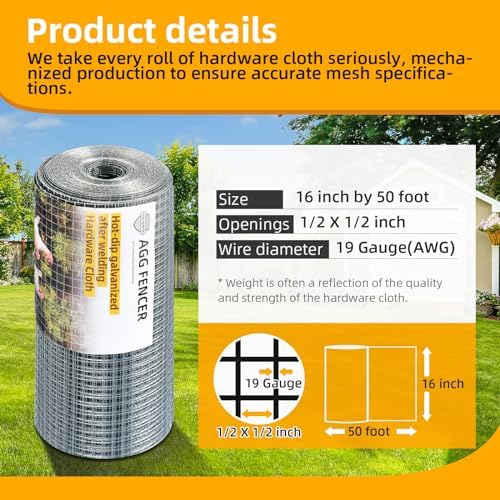 16inch x 50ft Hardware Cloth 1/2 inch Chicken Wire Fencing 19Ga, Hot Dipped Galvanized After Welding Garden Plant Supports Welded Metal Chicken Wire Fence, Poultry Animal Netting Cage Screen