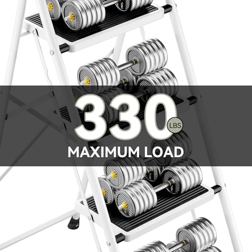 KINGRACK Step Ladder 4 Step Folding Step Stool for Adults with Handrails Heavy Duty Steel Sturdy Lightweight Collapsible Portable Step Ladder with Anti-Slip Wide Pedal,White