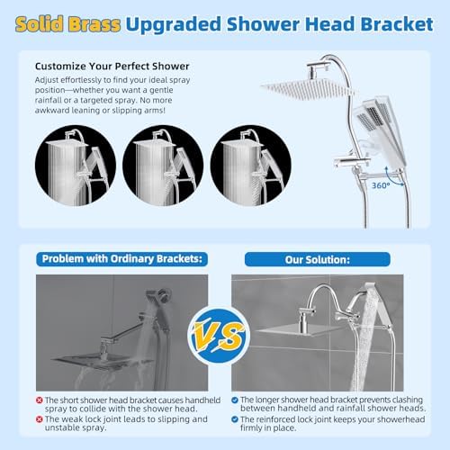 Hibbent All Metal Shower Head, 10'' High Pressure Rainfall Shower Head, Showerhead Combo, Handheld Shower Wand, 12'' Adjustable Curved Shower Extension Arm, 71'' Hose, Shower Head Holder, Chrome