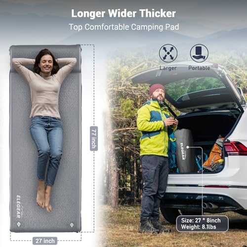 Elegear Self Inflating Camping Sleeping Pad, 3.1'' Ultra Thick Memory Foam Camping Pad with Pillow & Embossed Surface Design, 20s Fast Inflating Insulated Sleeping Pad for Camping/Travel/Tent/Car