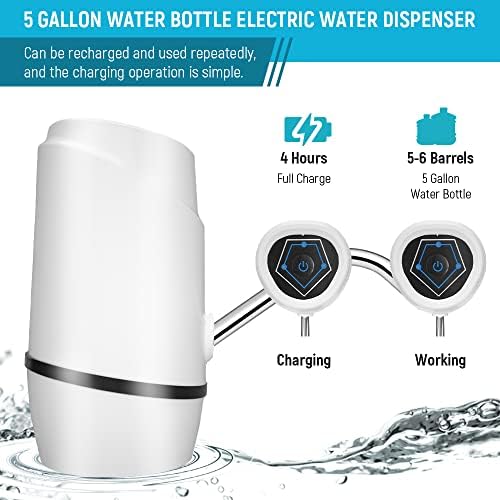 Water Dispenser for 5 Gallon Bottle,Drinking Water Pump Portable Universal USB Charging Water Bottle Pump for 2-5 Gallon with 2 Silicone (White)