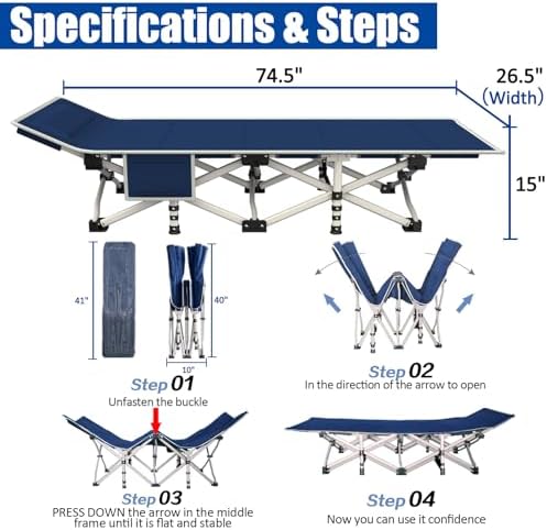Cot Camping Cot with Thick Pad Cots for Sleeping Camping Bed Folding Cot 450LBS(Max Load) Comfortable Double Layer Oxford Heavy Duty with Carry Bag for Home Outdoor Travel