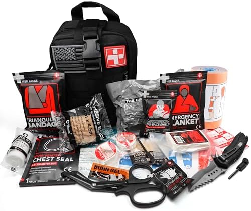 Survival First Aid Kit with Israeli Bandage, Splint, Chest Seal, Tactical Military Combat Molle IFAK for Wound Care, Bleeding Control, Trauma Hemorrhage and More