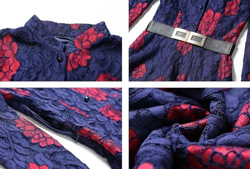 LAI MENG FIVE CATS Women's Flowy Lace Floral Hollow Out Short Sleeve Dress with Belt