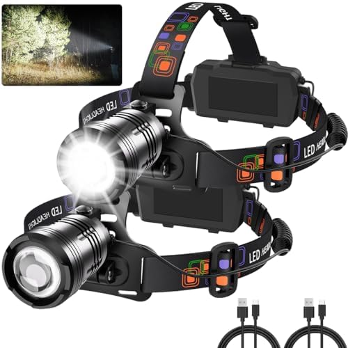 Headlamp Rechargeable 2Pack, Super Bright Head Lamp, Adjustable Focus LED Headlamp, 90°Angle Head Lights for Forehead, 4Mode Headlight, Headlamps for Adults Hard Hat Camping Essentials Gear