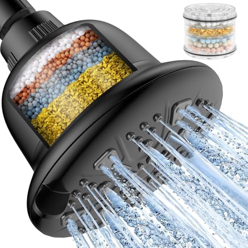 Filtered Shower Head Matte Black- High Pressure Shower Head with filter for Hard Water - Rain Shower Head Water Softener - Luxury 7 Settings Adjustable Water Filter Showerhead (Matte Black)
