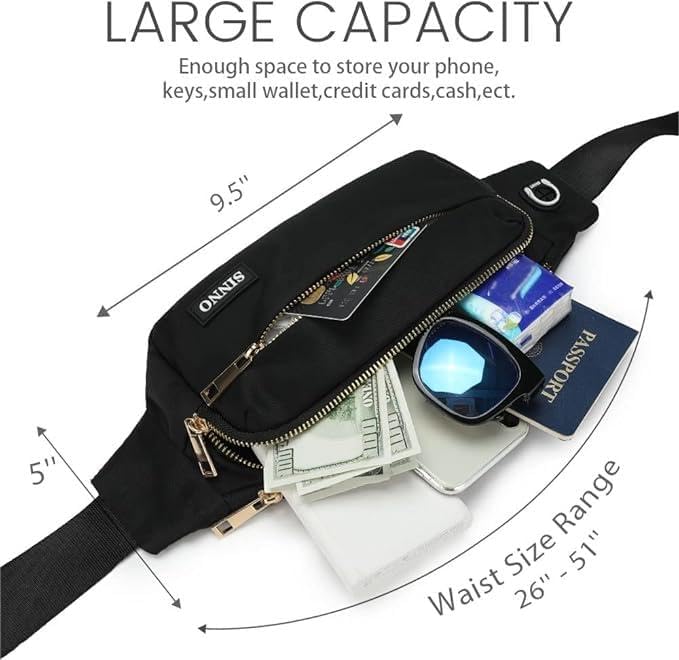 SINNO Large Crossbody Fanny Pack for Women Men Belt Bag With 4-Zipper Pockets for Travel Running Hiking Workout Dog Walking Outdoors Sport Fishing Waist Pack Bag Carrying All Phones