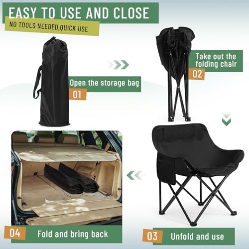 2 Pack Compact Camping Chairs Portable Folding for Outside with Carry Bag Lightweight Moon Chairs for Travel Picnic Hiking Beach Fishing, 600D Oxford, Supports 330lbs(Black)