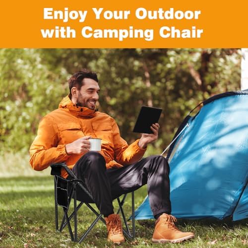 2PCS Folding Camping Chair Portable Outdoor Heavy Duty Padded Chairs Lawn Chair with Cup Holder, Storage Pocket and Cooler Bag, Supports 450LBS Black