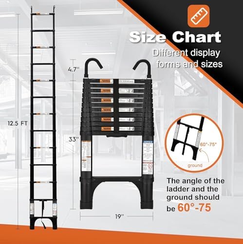Telescoping Ladder, SocTone 12.5 FT Aluminum Lightweight Extension Ladder with 2 Triangle Stabilizers, Heavy Duty 330lbs Max Capacity, Collapsible Ladder with Hooks for RV or Outdoor Work
